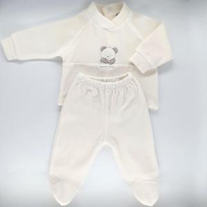 Andy&Helen Compleu pentru bebelusi cu maneca lunga, din catifea, de culoare alb ivoire, cu broderie ursulet