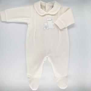 Andy&Helen Salopeta pentru bebelusi cu maneca lunga, din catifea, de culoare alb ivoire, cu broderie ursulet