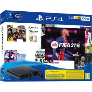Console Gaming Consola Hardware Sony Playstation 4 Slim, 500GB, Jet Black + joc FIFA 21 + PSPlus 14 zile + voucher FIFA 21 Ultimate Team
