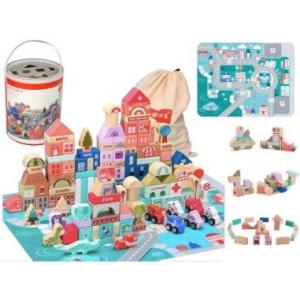 LeanToys Set oras tip puzzle, din lemn pentru copii, blocuri cu numere si litere, 162 buc 9829