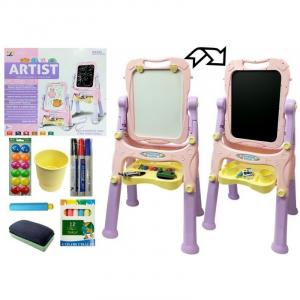 LeanToys Tabla de scris pentru copii, cu doua fete si accesorii, roz 4864