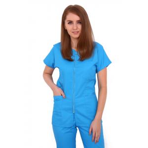 Doctor in uniforma Halat medical turquoise cu fermoar cambrata cu doua buzunare aplicate