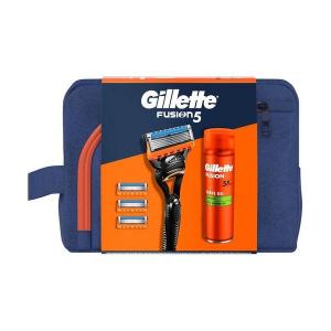 Gillette Set Cadou Fusion 5: Aparat de Ras cu 4 Rezerve + Gel de Ras Fusion Ultra Sensitive, 200 ml + Trusa de Voiaj, 1 set