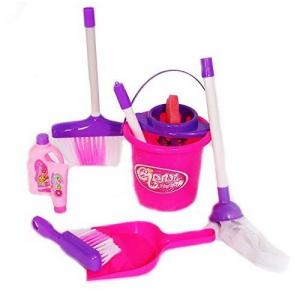 Set de curatenie pentru copii, mop, matura, galetusa si alte accesorii de jucarie, roz, 9 piese