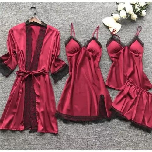 Lenjerii Set Pijama de Dama 4 Piese din Satin Bordo