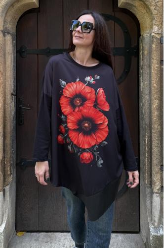 FashionLand Stil oversized bluză de primăvară cu imprimeu Red Poppy și accente chic