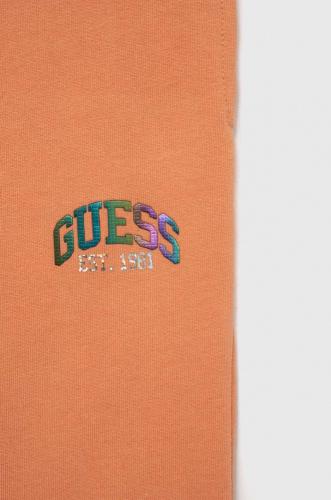 Guess pantaloni de trening din bumbac pentru copii culoarea portocaliu, neted