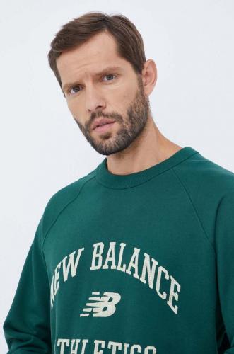 New Balance hanorac de bumbac barbati, culoarea verde, cu imprimeu