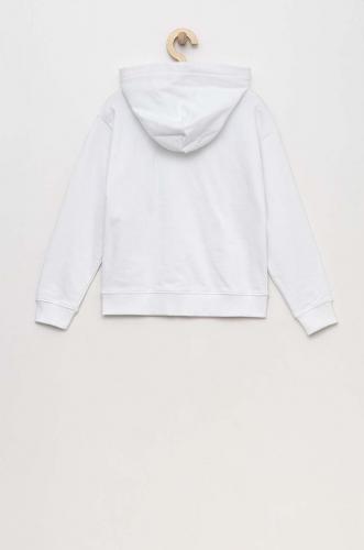 Calvin Klein Jeans hanorac de bumbac pentru copii culoarea alb, cu glugă, cu imprimeu