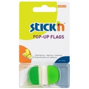 Stickn Film index autoadeziv 45 x 25mm, 36file/set, colturi rotunjite, dispenser, Stick'n Pop-up-transp/verde