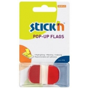 Stickn Film index autoadeziv 45 x 25mm, 36file/set, colturi rotunjite, dispenser, Stick'n Pop-up-transp/rosu