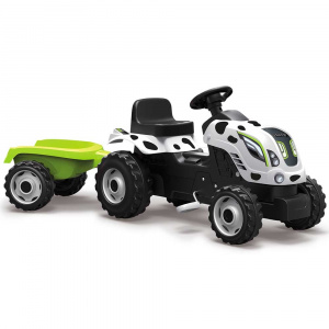 Smoby Tractor cu pedale si remorca Farmer XL alb negru