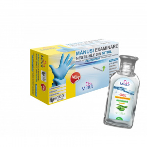 Minut Pachet manusi nitril nepudrate albastre S + gel antibacterian 80 ml