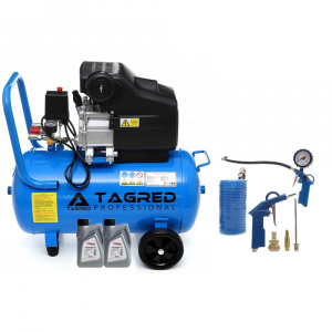 Tagred Kit Compresor de aer cu ulei, rezervor 50l, 8bari, 3.8 CP, reductor de presiune incorporat + Set Pistoale Pneumatice, Furtun, Accesorii, 2 sticle ulei