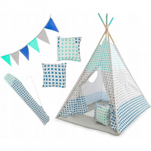 Tutumi Set cort copii XXL Teepee, 120 x 120 x 160 cm, Gri/Albastru