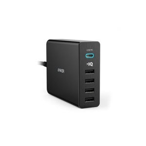 Anker PowerPort+ 5 60W, 1x USB-C, 4x USB 3.0, cu Power Delivery si PowerIQ - Black