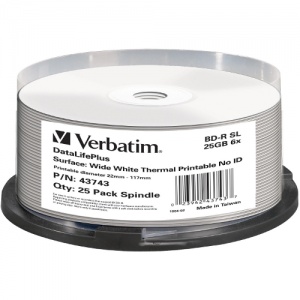 Verbatim BD-R 25GB 6x Wide White Thermal Printable 25 Pack Spindle (43743)
