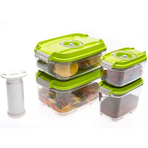 Status Set de caserole vacuum dreptunghiulare Smaller format din 4 recipiente de plastic și o pompă manuală (Verde)