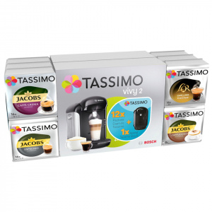 Jacobs Pachet 12 cutii capsule cafea Tassimo + Espressor Bosch Tassimo Vivy II, Negru
