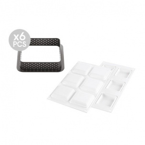 Silikomart Set Tarte 8 x 8 cm, 6 Rame Microforate + Forma Silicon 6 cavitati 25.286.87.0065