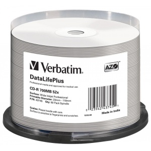 Verbatim CD-R 52x DataLifePlus Wide Inkjet Professional 50pk Spindle - No ID Brand (43745)