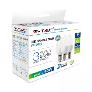V-TAC LED Bulb - 5.5W E14 Candle White 3 pcs/pack
