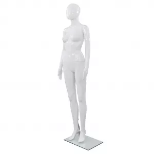 vidaXL Corp manechin feminin, cu suport din sticlă, Alb lucios 175 cm
