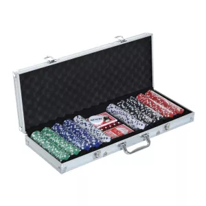 HomCom 500pcs set de poker 2 pachete de carti, buton dealer, zaruri cu valiza