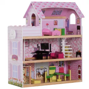 HomCom Casa pentru Papusi cu 3 Niveluri cu Lift Roz 60x30x71.5cm