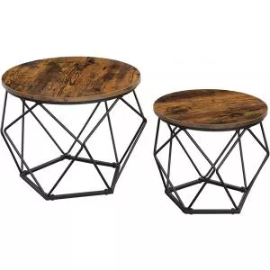 VASAGLE Set 2 masute de cafea Geometric Round, Ø50 x 40 cm, PAL/otel, maro rustic
