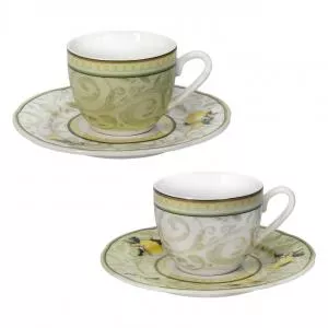 Brandani Set 2 cesti cu farfurie pentru cafea Limoni, 50 ml, portelan New Bone China