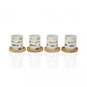 Versa Set 4 cesti si 4 coastere Fish Bay Blue