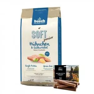 Bosch Soft Junior Hrana uscata cu pui si cartofi dulci pentru cainii junior 12,5 kg + recompense sticks 7 buc.