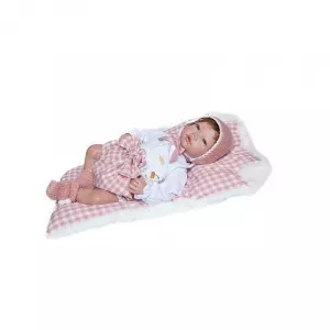 Guca Papusa bebe realist Reborn Raquel roscata cu salteluta roz in carouri 46 cm