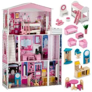 Ricokids Jucarie Casuta de Papusi mare din Lemn, Terasa si Mobilier, 116cm, roz