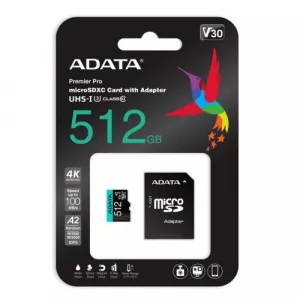 A-Data Premier Pro MicroSDXC, 512GB, Clasa 10 + Adaptor SD AUSDX512GUI3V30SA2-RA1