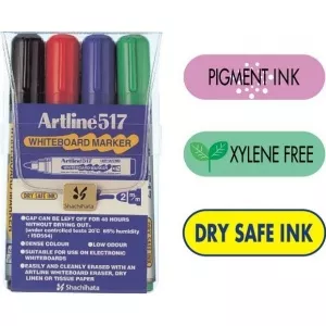 Artline Whiteboard marker varf rotund, 2.0mm, corp plastic, 4buc/set, 517 - (BK,RE,BL,GR) EK-517/4W