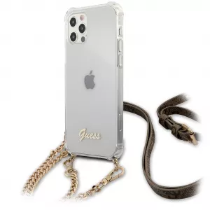 Guess Husa Plastic - TPU 4G Chain pentru Apple iPhone 12 Pro Max, Cu Snur Auriu, Transparenta GUHCP12LKC4GSGO