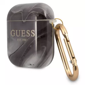 Guess Husa Protectie Casti Shiny Marble pentru Apple AirPods Gen 1 / Apple AirPods Gen 2, Neagra GUA2UNMK