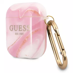 Guess Husa Protectie Casti Shiny Marble pentru Apple AirPods Gen 1 / Apple AirPods Gen 2, Roz GUA2UNMP