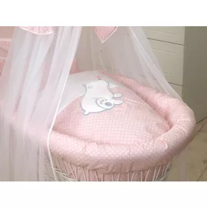 AMY Cos bebe cu suport pe roti saltea lenjerie si baldachin Bear Heart Pink