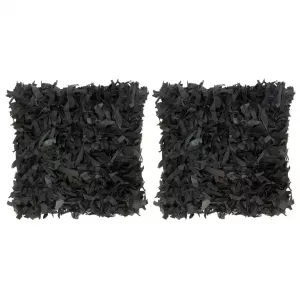 vidaXL Pernuțe Shaggy, 2 buc., negru, 45x45 cm, piele și bumbac