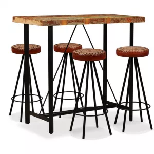 vidaXL Set de bar 5 piese lemn masiv reciclat piele naturală și pânză 275144