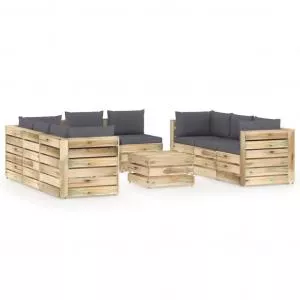 vidaXL Set mobilier de gradina cu perne, 9 piese, lemn verde tratat 3074735