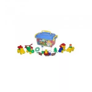 Roben Toys Set cuburi de construit cu vehicule si figurine,cutie depozitare, 128 piese, Multicolor, 3 ani +