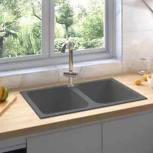 vidaXL Chiuvetă de bucătărie dublă cu orificiu de preaplin gri granit 147082