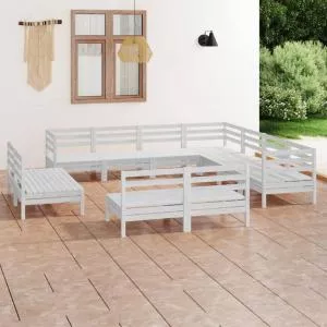vidaXL Set mobilier de gradina, 11 piese, alb, lemn masiv de pin 3083155