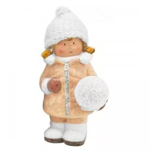 Strend Pro Decoratiune iarna, ceramica, fata cu bulgare de zapada, LED, 14x13x25 cm