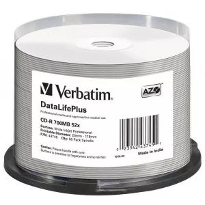 Verbatim CD-R 52x DataLifePlus Wide Inkjet Professional 50pk Spindle - No ID Brand (43745)