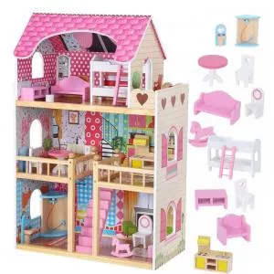 Procart Casuta din lemn pentru papusi cu 12 accesorii mobilier, 3 nivele, 59x30x90 cm
